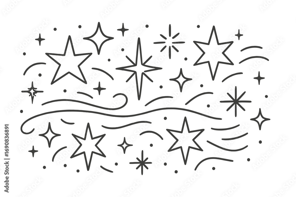 Poster hand drawn stars and sparkles collection in a minimalist doodle style with celestial elements and de