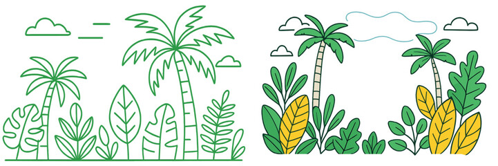 Hand-drawn doodle set of tropical jungle borders with exotic palm trees and monstera leaves in both line art and colored styles