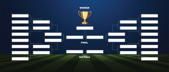 Modern Football layout tournament championship contest stage bracket board with gold champion trophy prize icon in blue background
