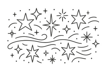 Hand drawn stars and sparkles collection in a minimalist doodle style with celestial elements and decorative swirls on a white background