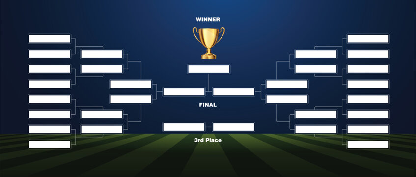 Modern Football layout tournament championship contest stage bracket board with gold champion trophy prize icon in blue background