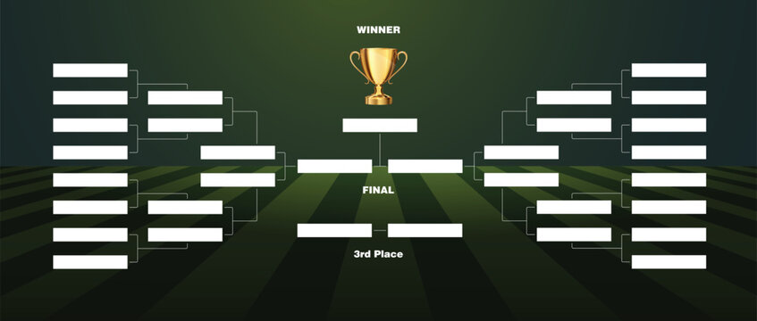 Football layout tournament championship contest stage bracket board with gold champion trophy prize icon in green background