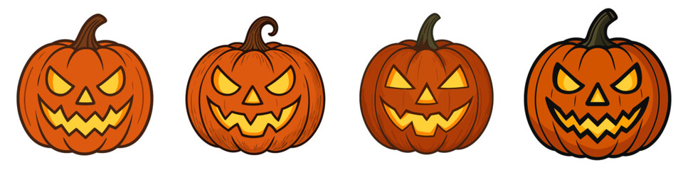 Set of four spooky Halloween jack-o'-lanterns with evil carved faces and glowing eyes isolated on a white background