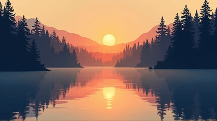 Sunrise over a serene lake nestled amidst a tranquil forest and mountains.