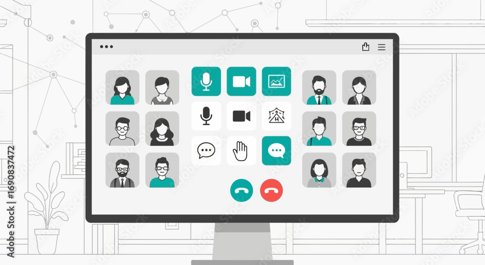 Wall mural virtual meeting platform interface displayed on a computer screen, connecting remote individuals