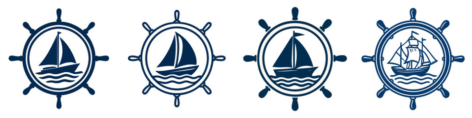 Set of four nautical logos with ship's wheel and sailboat icons for maritime travel, sailing club emblems, and marine adventure themes
