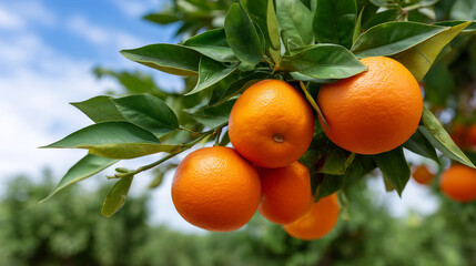 Fresh oranges hanging on tree in orchard