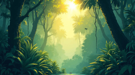 Sunlit jungle path with lush vegetation, two figures by a tranquil stream, creating a serene, mystical atmosphere.