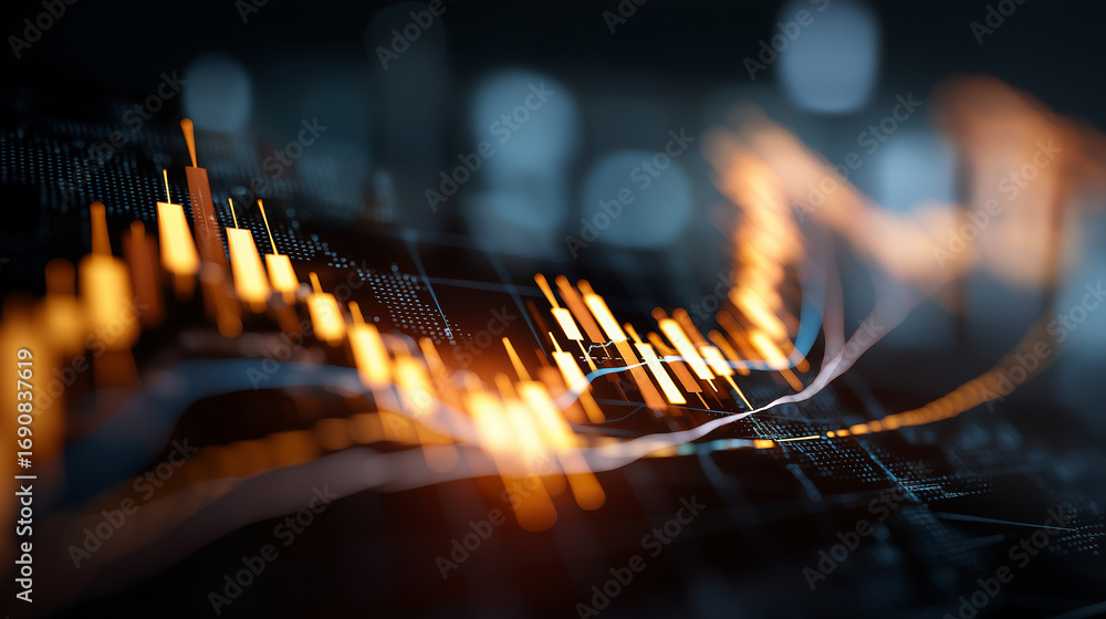 Poster a holographic stock market display with glowing graphs candlestick charts rising and falling dynamic