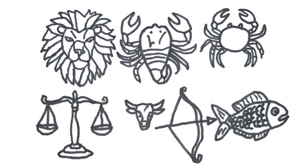Hand-Drawn Doodle Art Set of Twelve Astrological Zodiac Signs with Constellations Isolated on White...