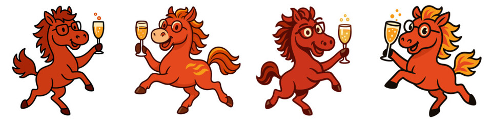 Set of four funny cartoon horse characters with glasses celebrating a party, jumping and holding glasses of sparkling champagne isolated on a white background