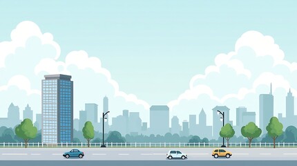 Fototapeta premium A cloudy city scene is depicted in a cartoon illustration