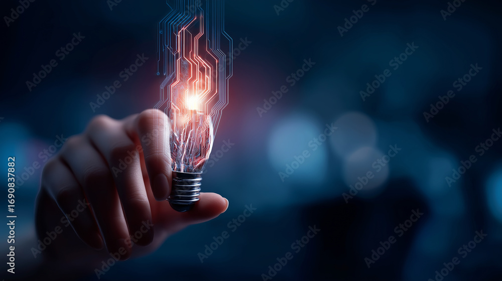 Poster a luminous holographic lamp held by a human hand surrounded by glowing ai circuit patterns backgroun