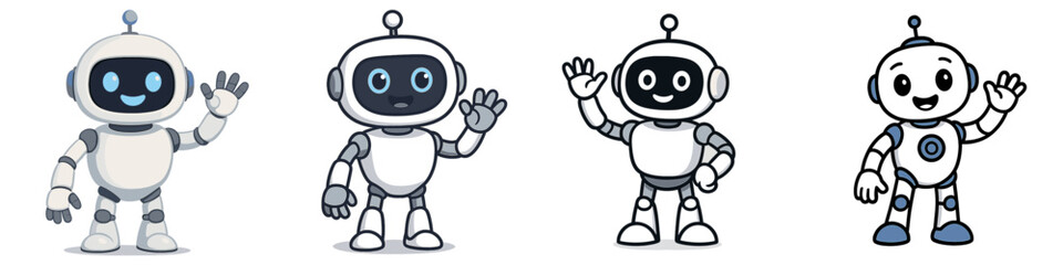 Collection of friendly cartoon robot mascots waving hello, a set of futuristic android characters for technology and science concepts
