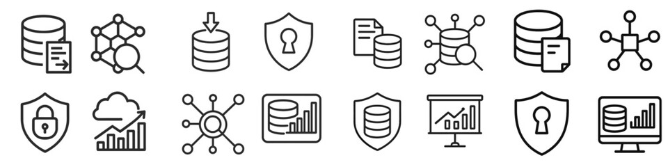 Big Data and Database Line Icon Set for Technology, Cloud Computing, Network Security, and Data Analytics Concepts