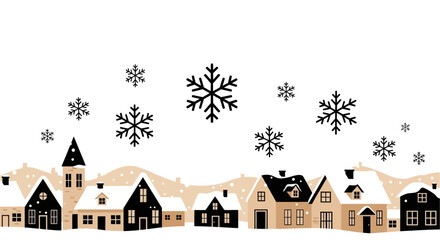 Fototapeta premium Winter Village Landscape with Snowflakes, a Festive and Charming Holiday Scene Illustration