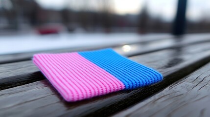 A pink and blue knitted hat.