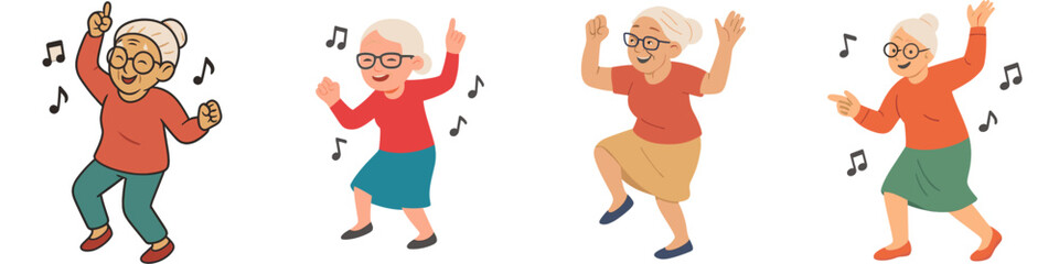 Set of happy elderly woman dancing cartoon character poses isolated on white background with musical notes