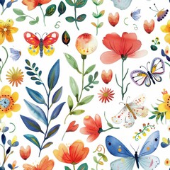 Watercolor floral pattern with butterflies and flowers