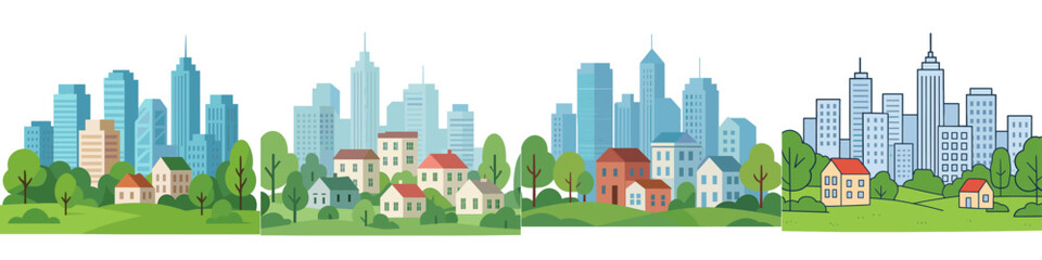 Four panoramic views of a modern city skyline and suburban neighborhood with houses, green hills, and trees isolated on a white background