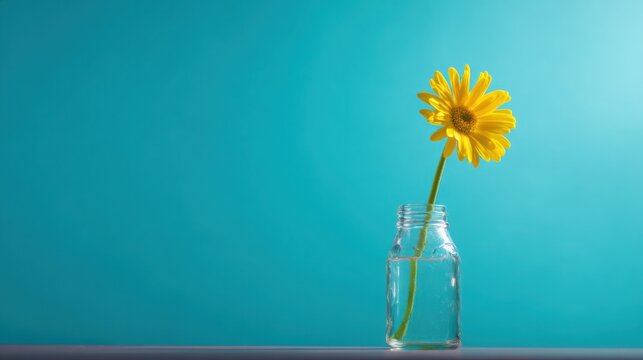 Single yellow gerbera in a simple glass vase against a bright blue backdrop with morning light.