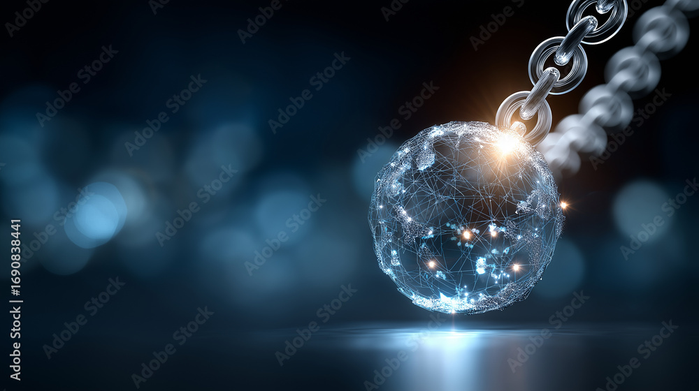 Aufkleber a glowing blockchain sphere suspended in mid air luminous chains linking across continents cryptocur