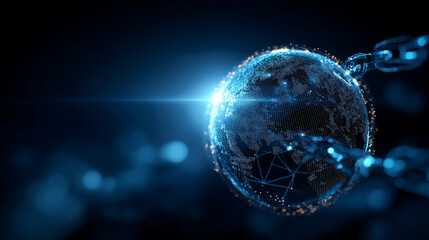 A glowing blockchain sphere suspended in mid air luminous chains linking across continents cryptocurrency icons orbiting around it atmosphere of transparency decentralization