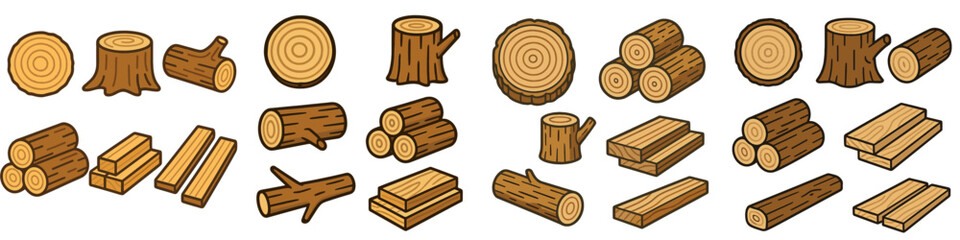 Large set of cartoon wood icons including logs, lumber, tree stumps, branches, and planks for forestry or building materials