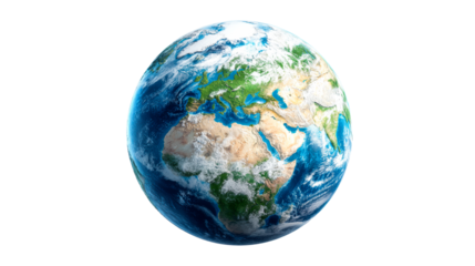 Detailed view of planet Earth from orbit showcasing continents and oceans, cut out transparent