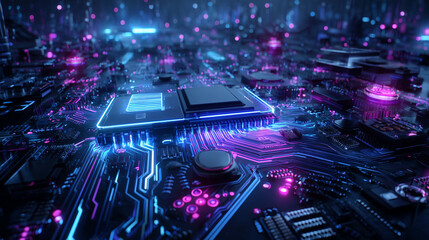 Fototapeta premium An intricate circuit board seen from a low angle. The lines and components are glowing with vibrant, neon blue and purple light. The background is dark and filled with subtle digital noise and data. 