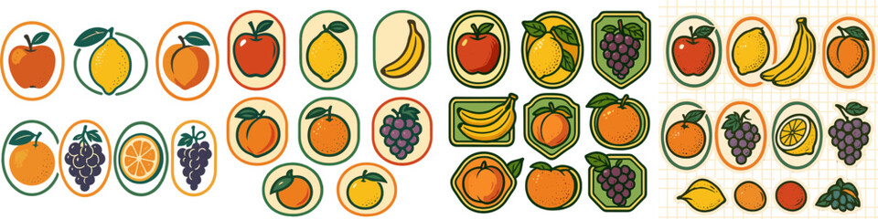 Retro fruit label collection with apple, lemon, orange, and grapes for vintage food packaging and sticker design