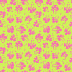 Whimsical pink mushrooms repeat over a vibrant lime green background in a playful, seamless design ideal for fun and quirky projects.