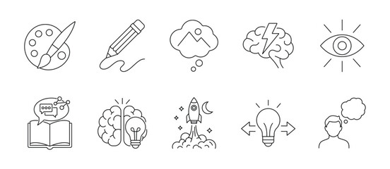 Creativity Editable Line Icon Set. Modern thin line vector collection of innovation, Imagination, Design, Idea, Inspiration, and more. Editable stroke Symbols