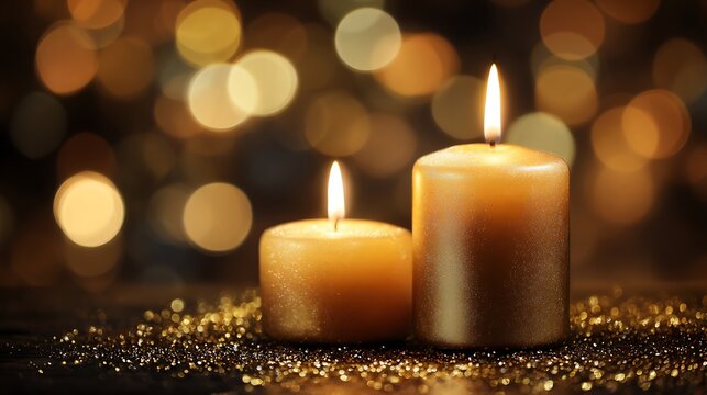 Two burning candles with golden bokeh lights in the background create a warm and festive atmosphere
