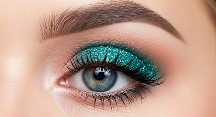 Obraz premium Close-Up of Glamorous Eye with Sparkling Teal Eyeshadow and Long Lashes.