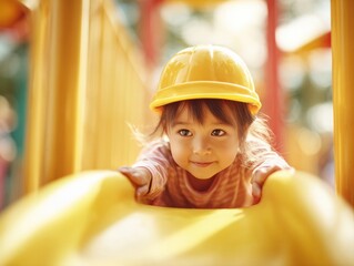 Child playing on yellow slide at a playground joyful moment outdoor recreation bright environment close-up perspective