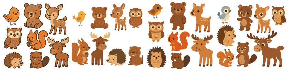 Cute woodland animals collection with bear, deer, owl, squirrel, moose, and hedgehog characters for children's design