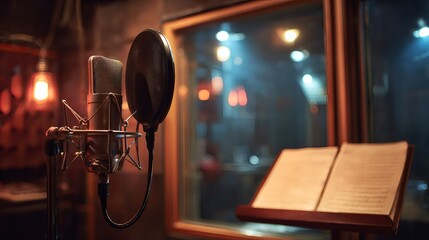 Condenser microphone with pop filter in professional vocal booth, studio window and open music stand, warm cinematic lighting
