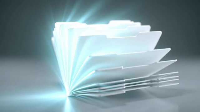 Glowing white folder icons arranged fan shape with light beams shining, digital file organization and data management technology folder light rays