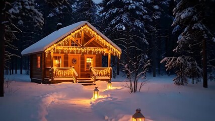 Stone pathway lit by lanterns leads to a cozy winter cabin covered in snow on Christmas eve - Powered by Adobe