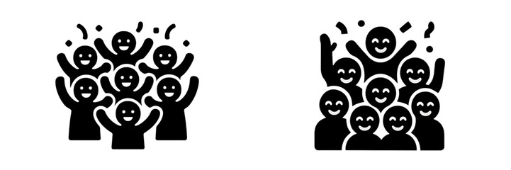 Glyph icons of a happy crowd celebrating together at a party or event, with a cheering audience symbol representing community and social gathering