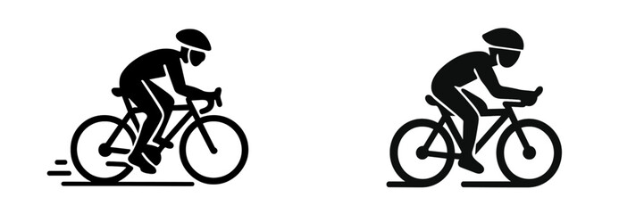Cyclist icon set with black silhouette of a person riding a racing bicycle for sport competition or fitness activity