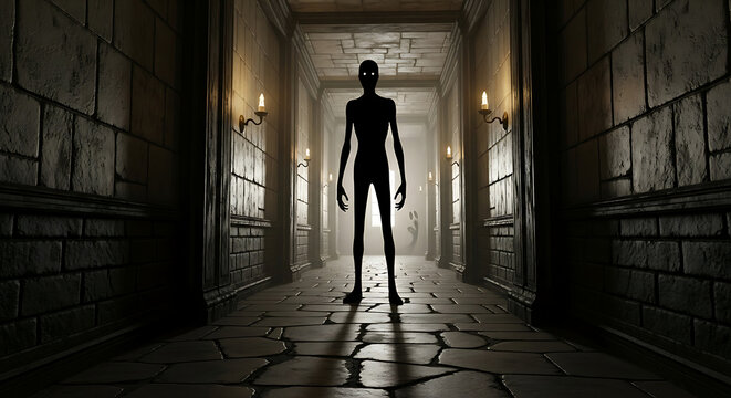 Silhouette of a tall, gaunt figure in a stone hallway