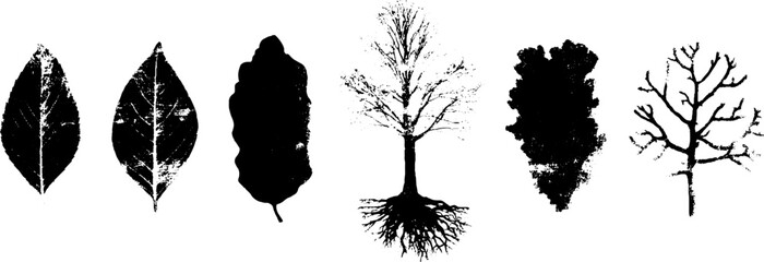 Grunge black and white leaf and tree silhouette set for urban designs