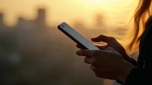 Female hands using smartphone against a blurred cityscape in the setting sun