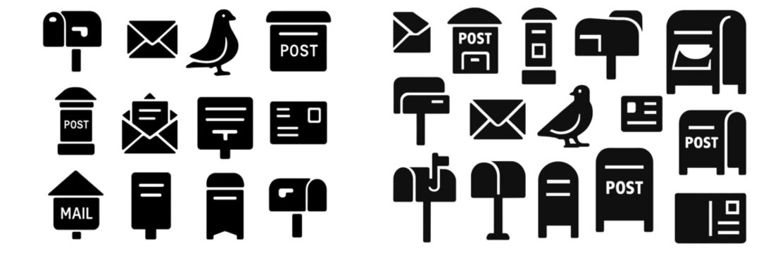 Mail and post icon set with mailbox, letter, envelope, and carrier pigeon glyphs for postal service communication