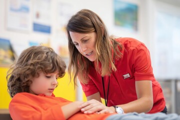Teacher assisting child's learning classroom educational interaction bright environment close-up supportive development