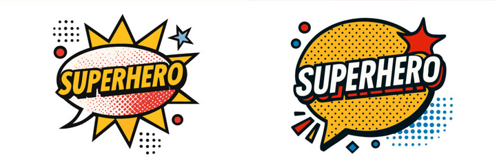Pop art speech bubble set in a superhero comic book style with explosion effects and halftone dots for retro graphic design