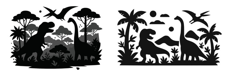 Set of two monochrome dinosaur silhouette scenes with Tyrannosaurus Rex, Brachiosaurus, and Pterodactyl in a prehistoric jungle landscape with tropical trees