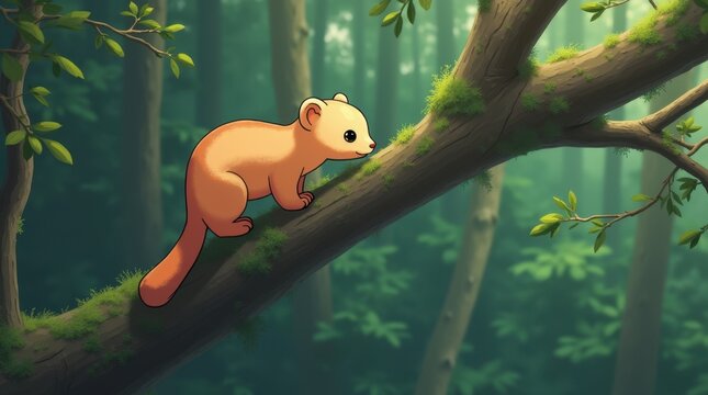 Stylized pine marten with toy-like finish and pastel colors on mossy branches